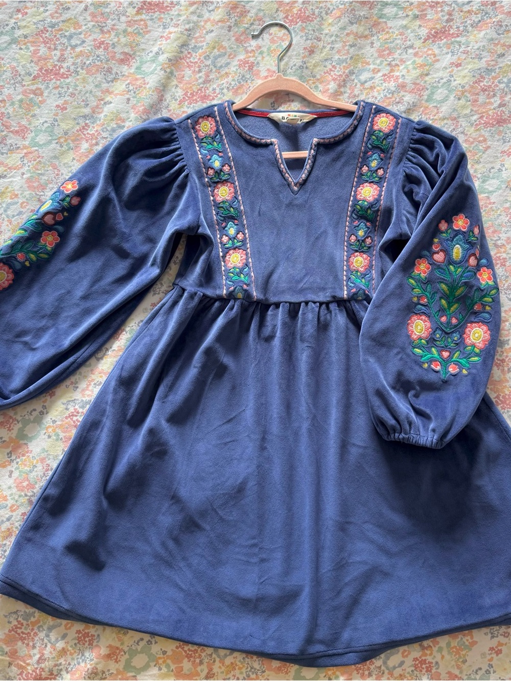 Girls Mini Biden Blue Embroidered Long-Sleeve Dress